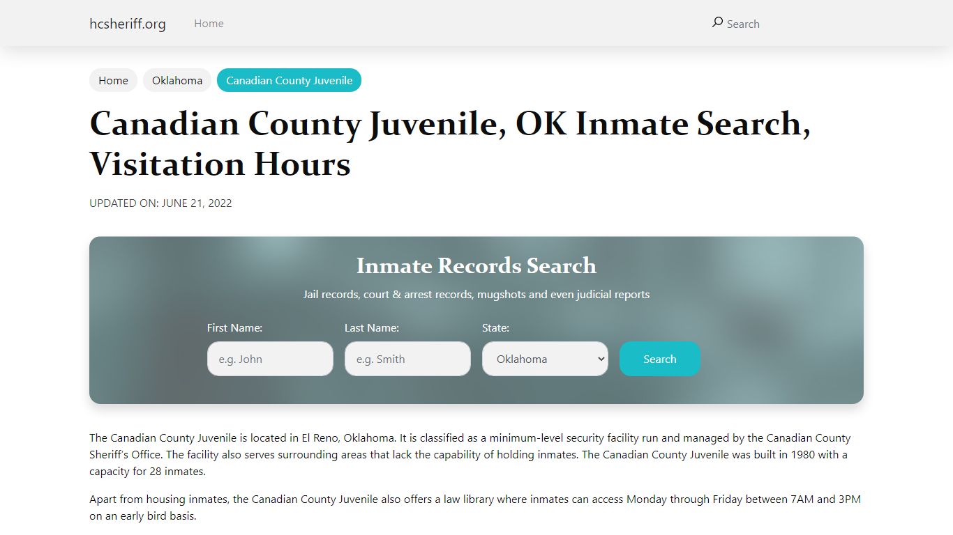 Canadian County Juvenile, OK Inmate Search, Visitation Hours